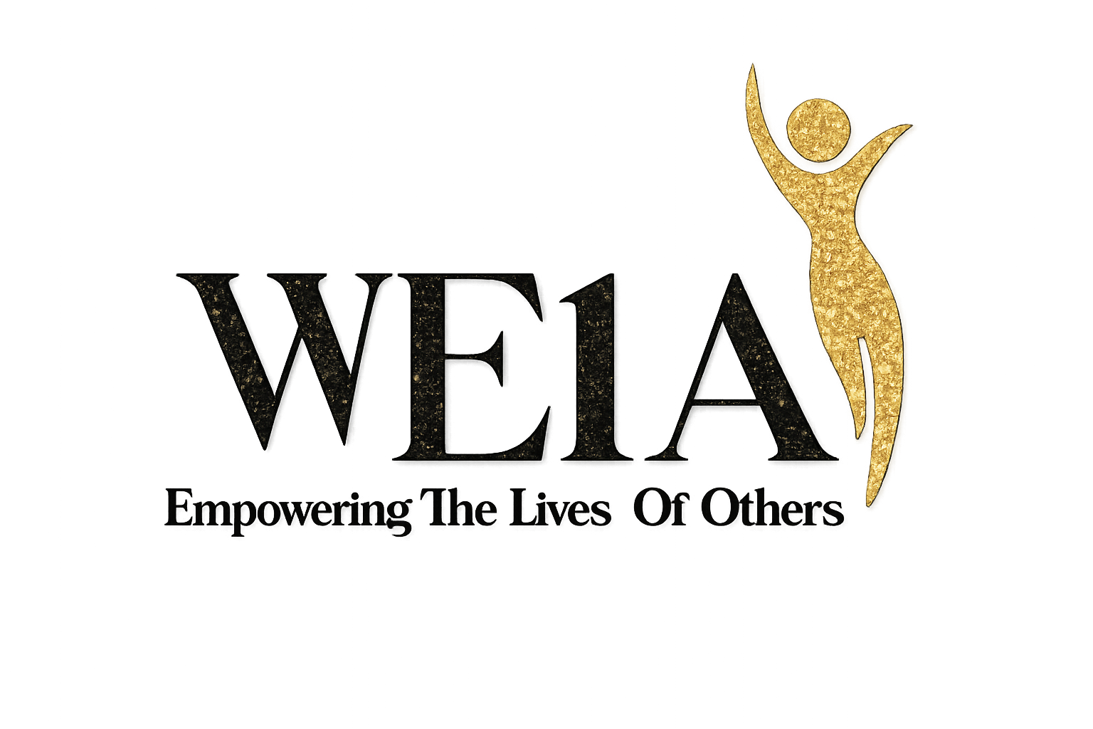 The women empowering one another logo, Bold letters we1a and a golden woman next to it leaning slightly left